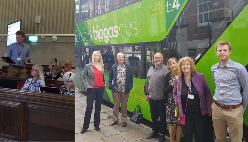 Left - Cllr Tom Brook speaks in the Council chamber on Air Quality. Right - Tom and fellow Labour councillors with Bristol