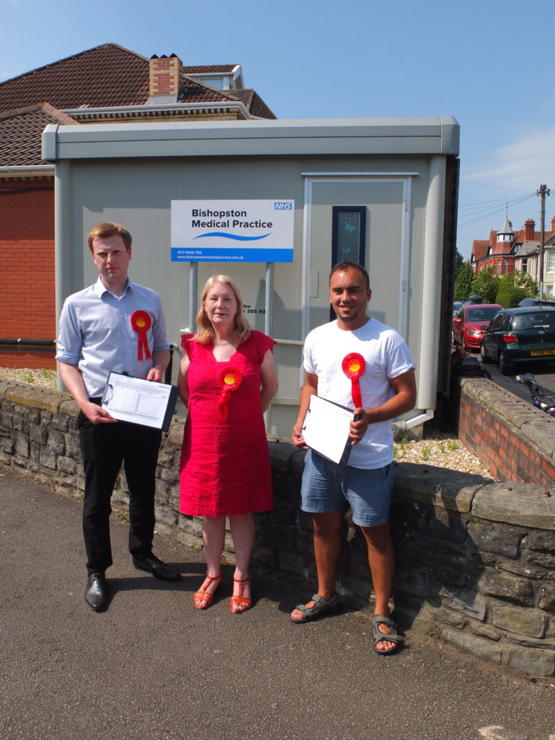 Cllr Tom Brook, plus local Labour candidates Eileen Means and Darran McLaughlin with our petition